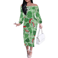 Lime Palaka Hawaii Aloha Family Matching Off The Shoulder Long Sleeve Dress and Hawaiian Shirt Koi Pond Mix Monstera LT7 Lime Green - Polynesian Pride