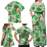 Lime Palaka Hawaii Aloha Family Matching Off Shoulder Maxi Dress and Hawaiian Shirt Koi Pond Mix Monstera - Polynesian Pride