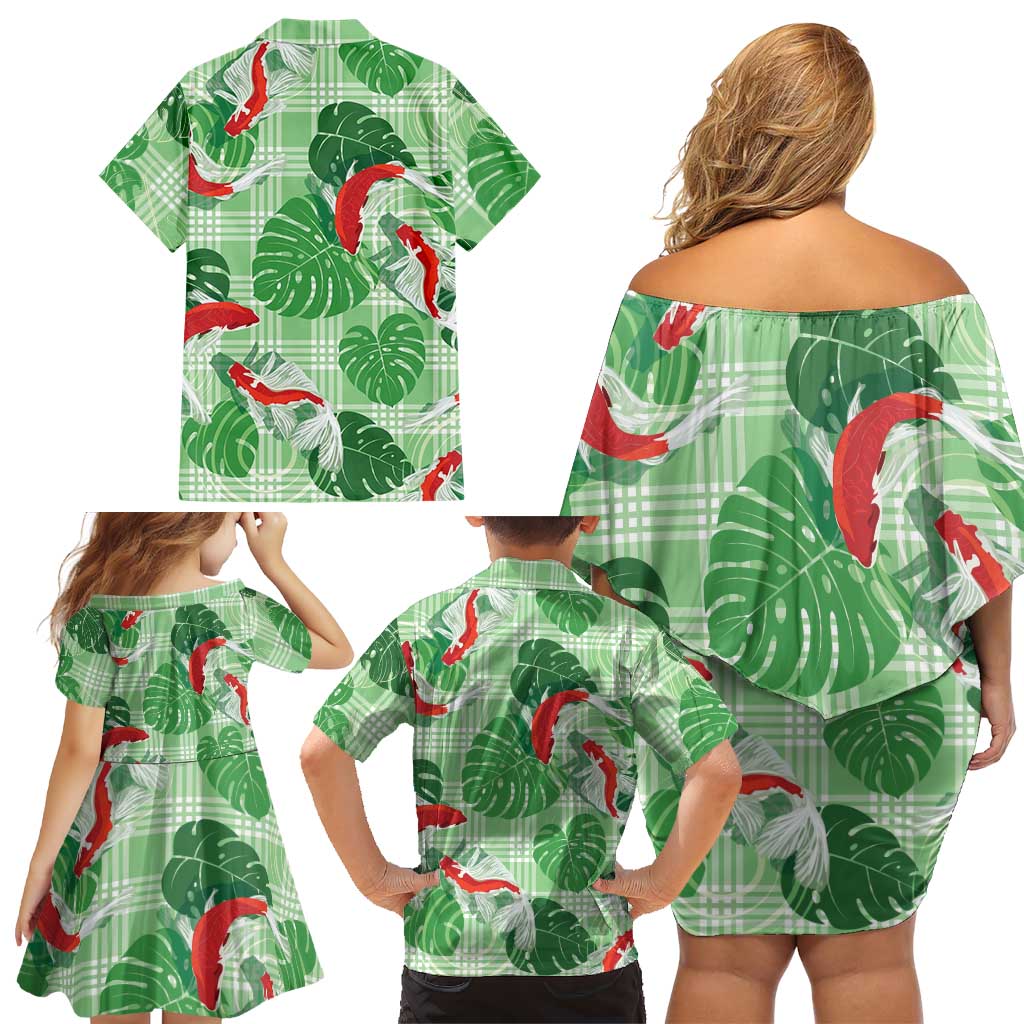 Lime Palaka Hawaii Aloha Family Matching Off Shoulder Short Dress and Hawaiian Shirt Koi Pond Mix Monstera LT7 - Polynesian Pride