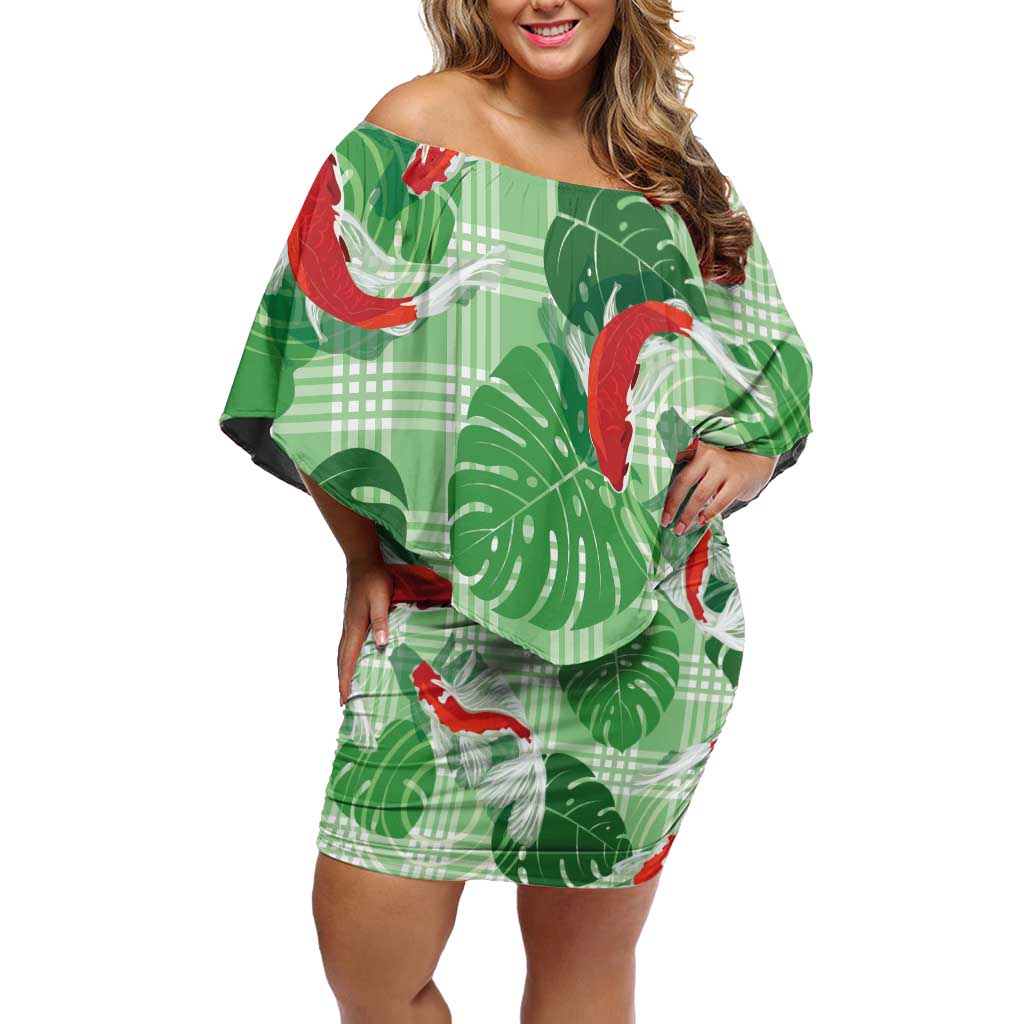 Lime Palaka Hawaii Aloha Family Matching Off Shoulder Short Dress and Hawaiian Shirt Koi Pond Mix Monstera LT7 Lime Green - Polynesian Pride