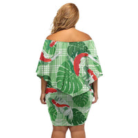 Lime Palaka Hawaii Aloha Family Matching Off Shoulder Short Dress and Hawaiian Shirt Koi Pond Mix Monstera LT7 - Polynesian Pride