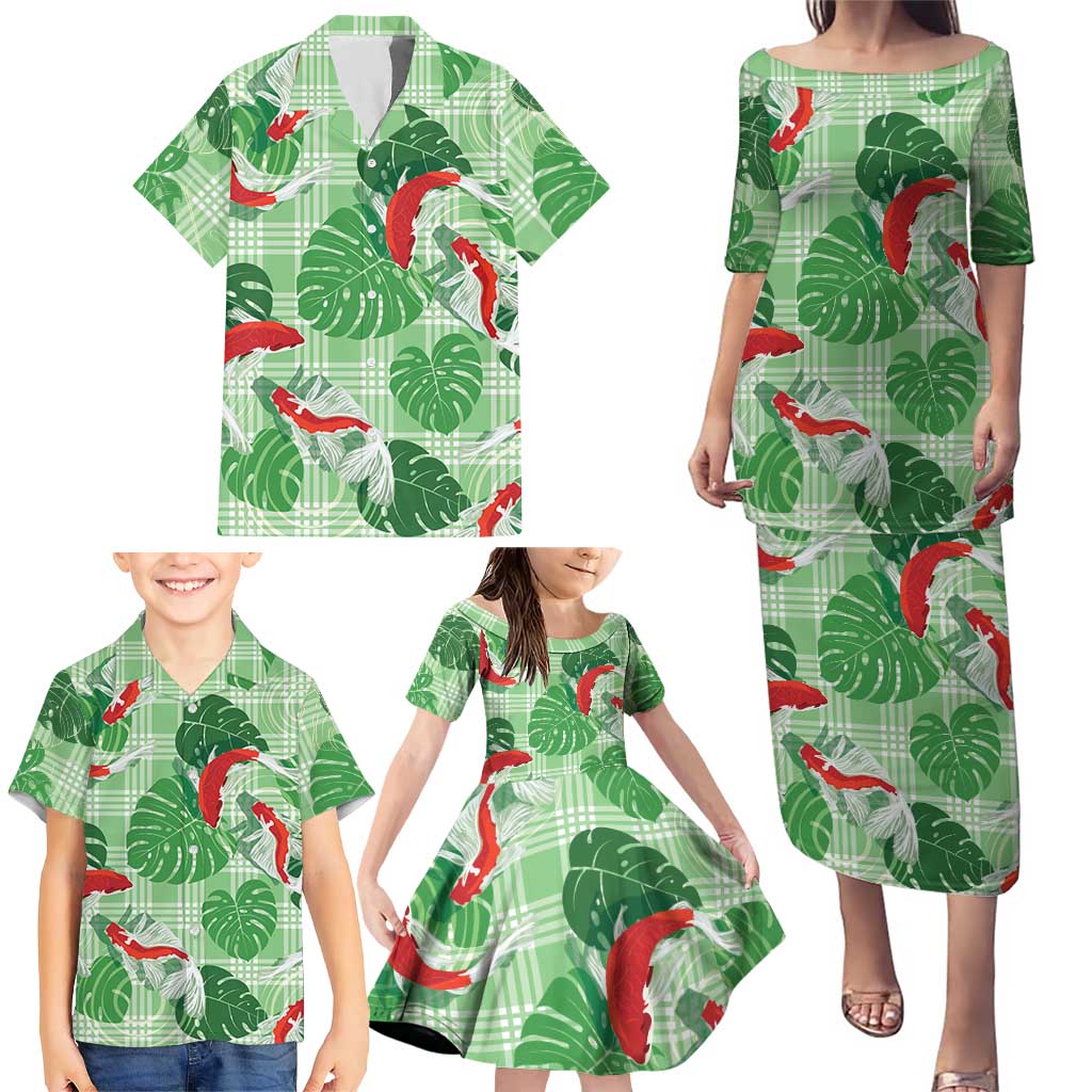 Lime Palaka Hawaii Aloha Family Matching Puletasi and Hawaiian Shirt Koi Pond Mix Monstera - Polynesian Pride