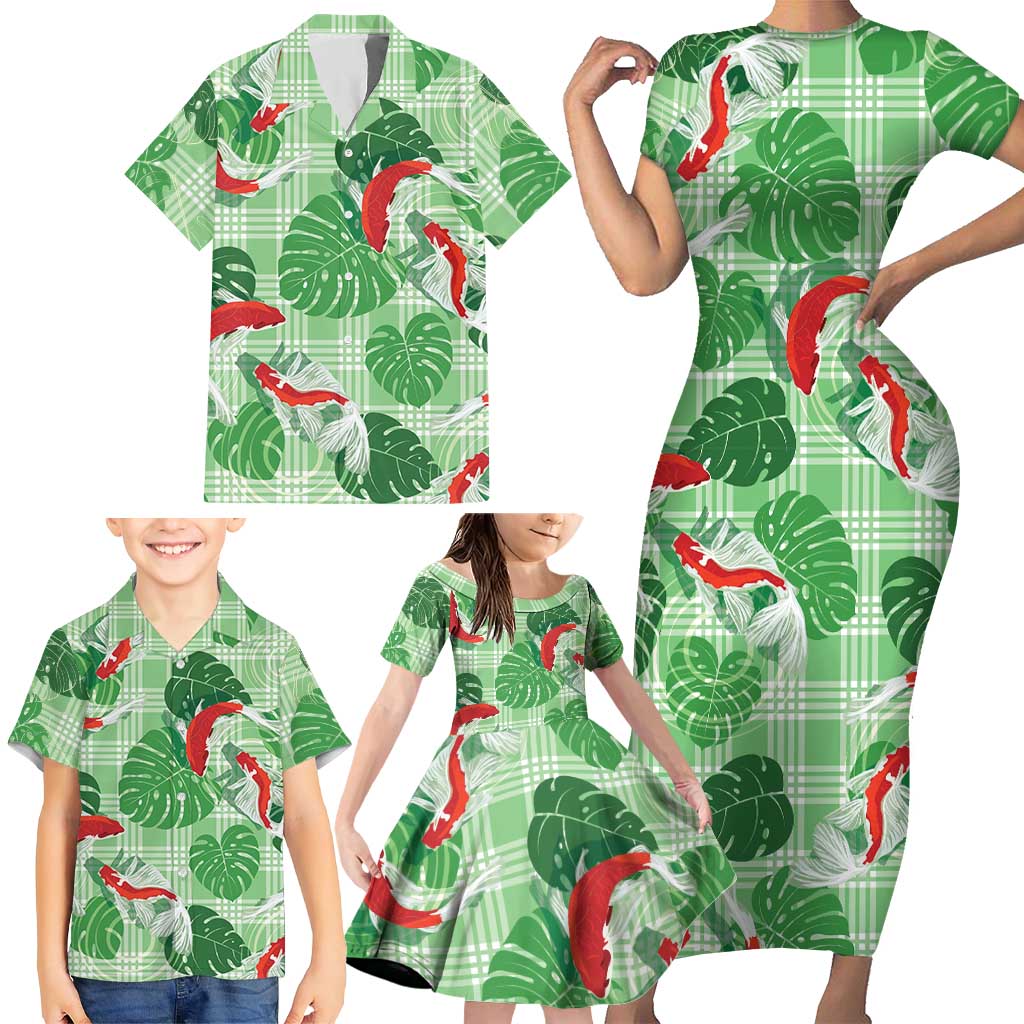 Lime Palaka Hawaii Aloha Family Matching Short Sleeve Bodycon Dress and Hawaiian Shirt Koi Pond Mix Monstera - Polynesian Pride