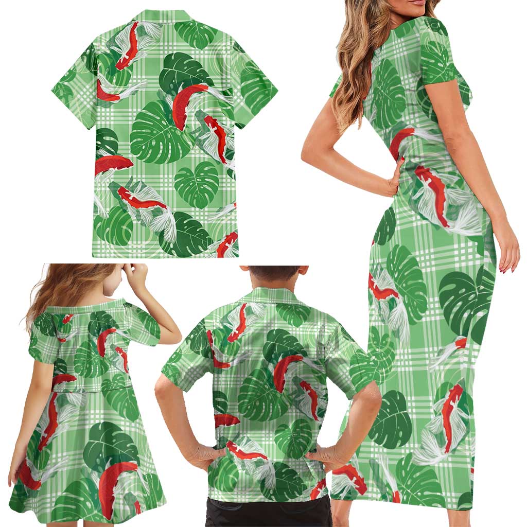 Lime Palaka Hawaii Aloha Family Matching Short Sleeve Bodycon Dress and Hawaiian Shirt Koi Pond Mix Monstera LT7 - Polynesian Pride