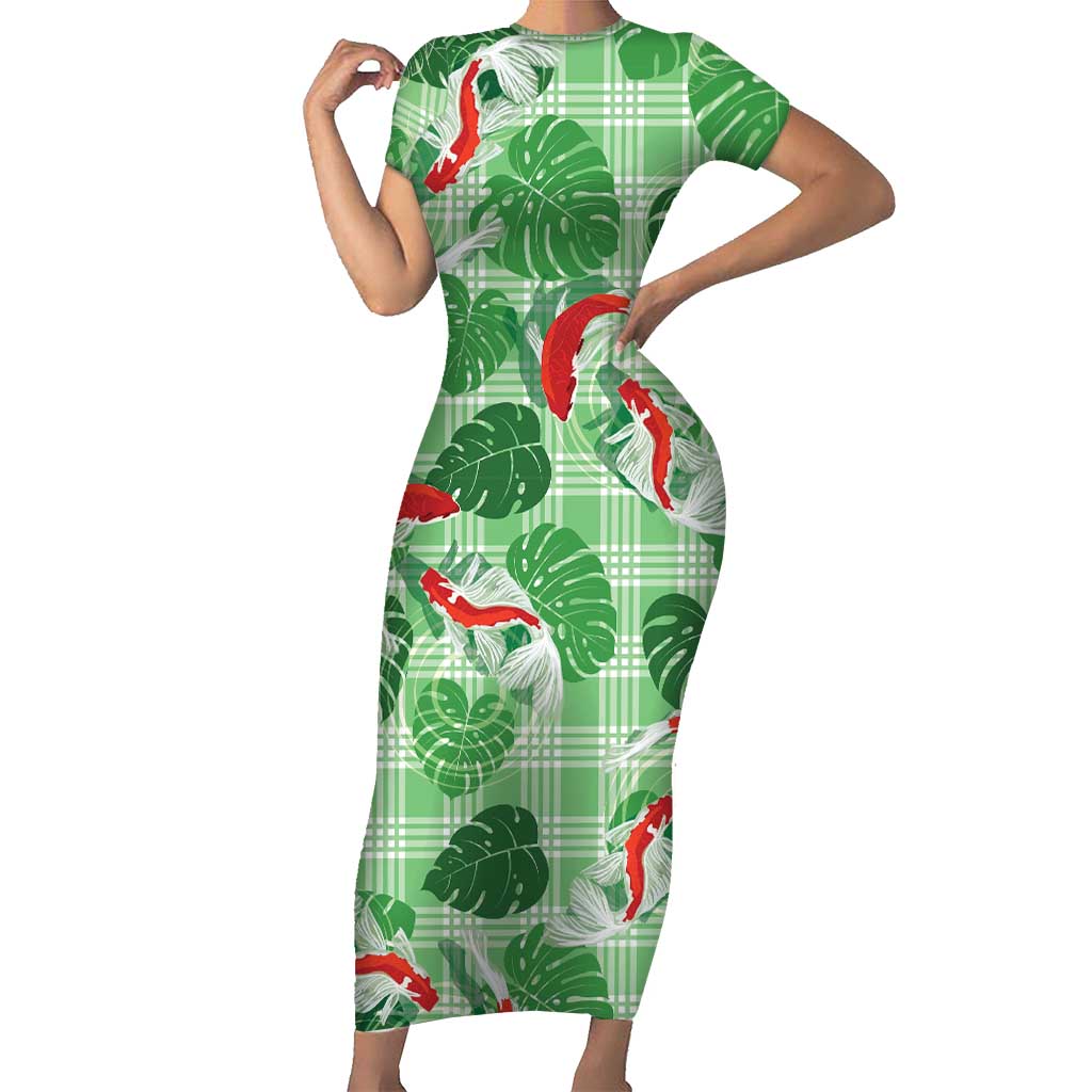 Lime Palaka Hawaii Aloha Family Matching Short Sleeve Bodycon Dress and Hawaiian Shirt Koi Pond Mix Monstera LT7 Lime Green - Polynesian Pride