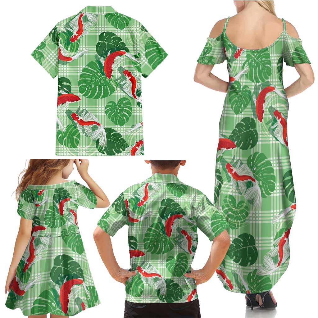 Lime Palaka Hawaii Aloha Family Matching Summer Maxi Dress and Hawaiian Shirt Koi Pond Mix Monstera - Polynesian Pride