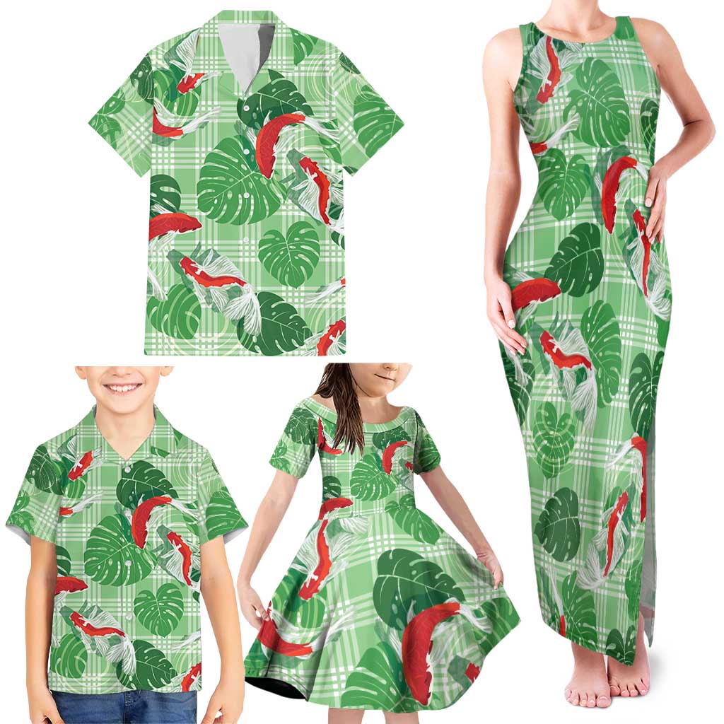 Lime Palaka Hawaii Aloha Family Matching Tank Maxi Dress and Hawaiian Shirt Koi Pond Mix Monstera - Polynesian Pride