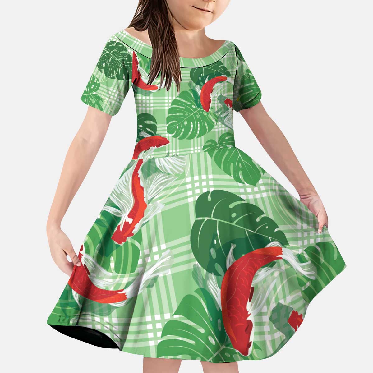 Lime Palaka Hawaii Aloha Kid Short Sleeve Dress Koi Pond Mix Monstera - Polynesian Pride