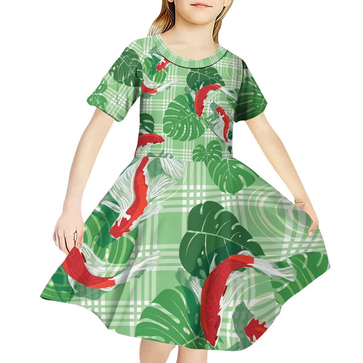 Lime Palaka Hawaii Aloha Kid Short Sleeve Dress Koi Pond Mix Monstera - Polynesian Pride