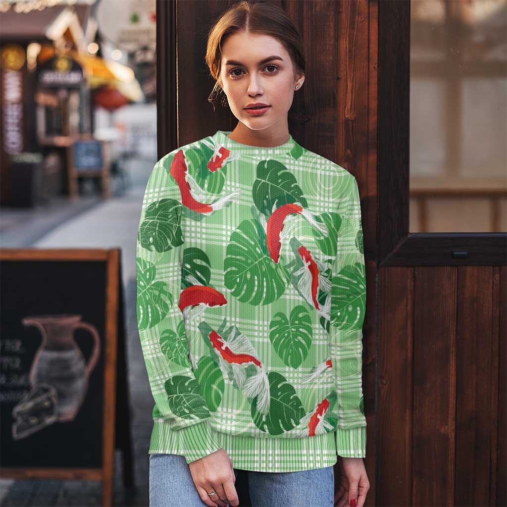 Lime Palaka Hawaii Aloha Ugly Christmas Sweater Koi Pond Mix Monstera - Polynesian Pride