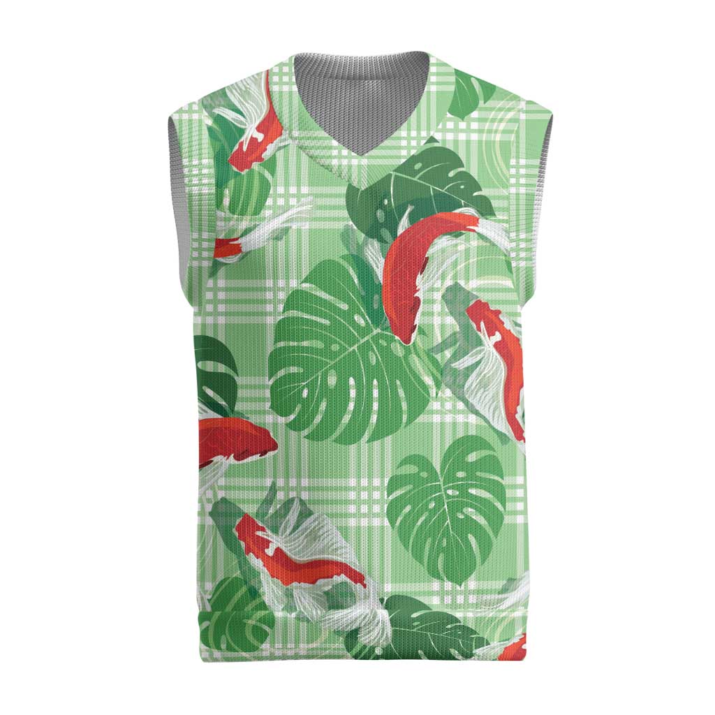 Lime Palaka Hawaii Aloha Christmas Knitted V-Neck Vest Koi Pond Mix Monstera LT7 Lime Green - Polynesian Pride