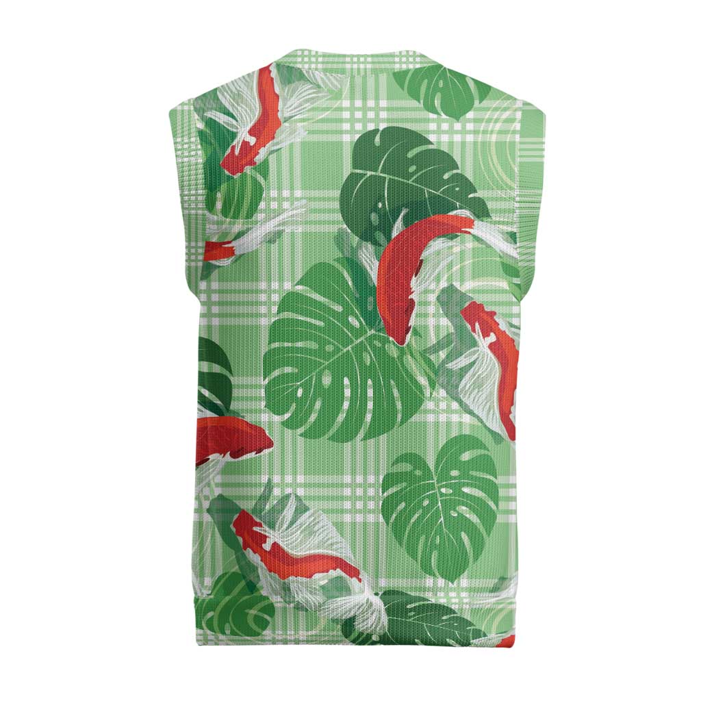 Lime Palaka Hawaii Aloha Christmas Knitted V-Neck Vest Koi Pond Mix Monstera LT7 - Polynesian Pride