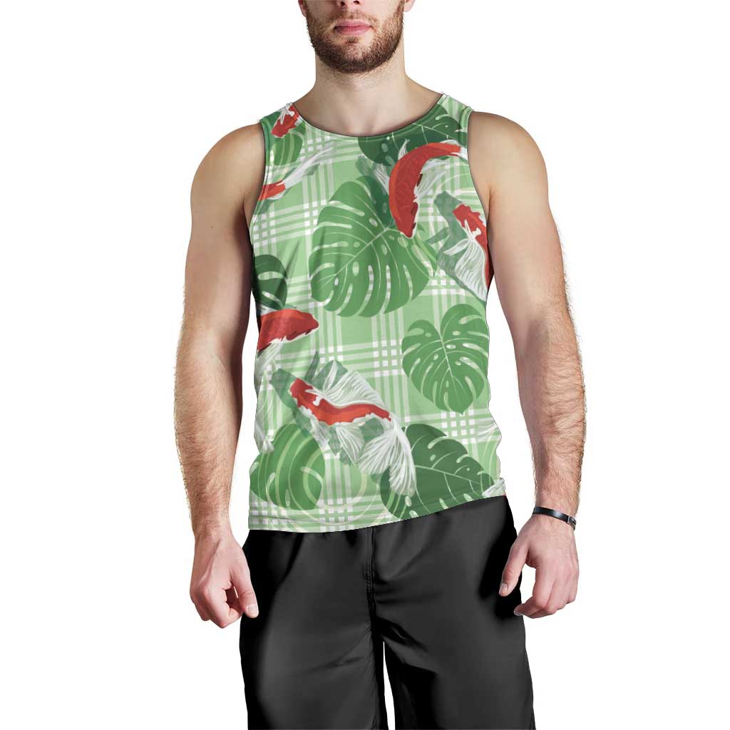 Lime Palaka Hawaii Aloha Men Tank Top Koi Pond Mix Monstera - Polynesian Pride