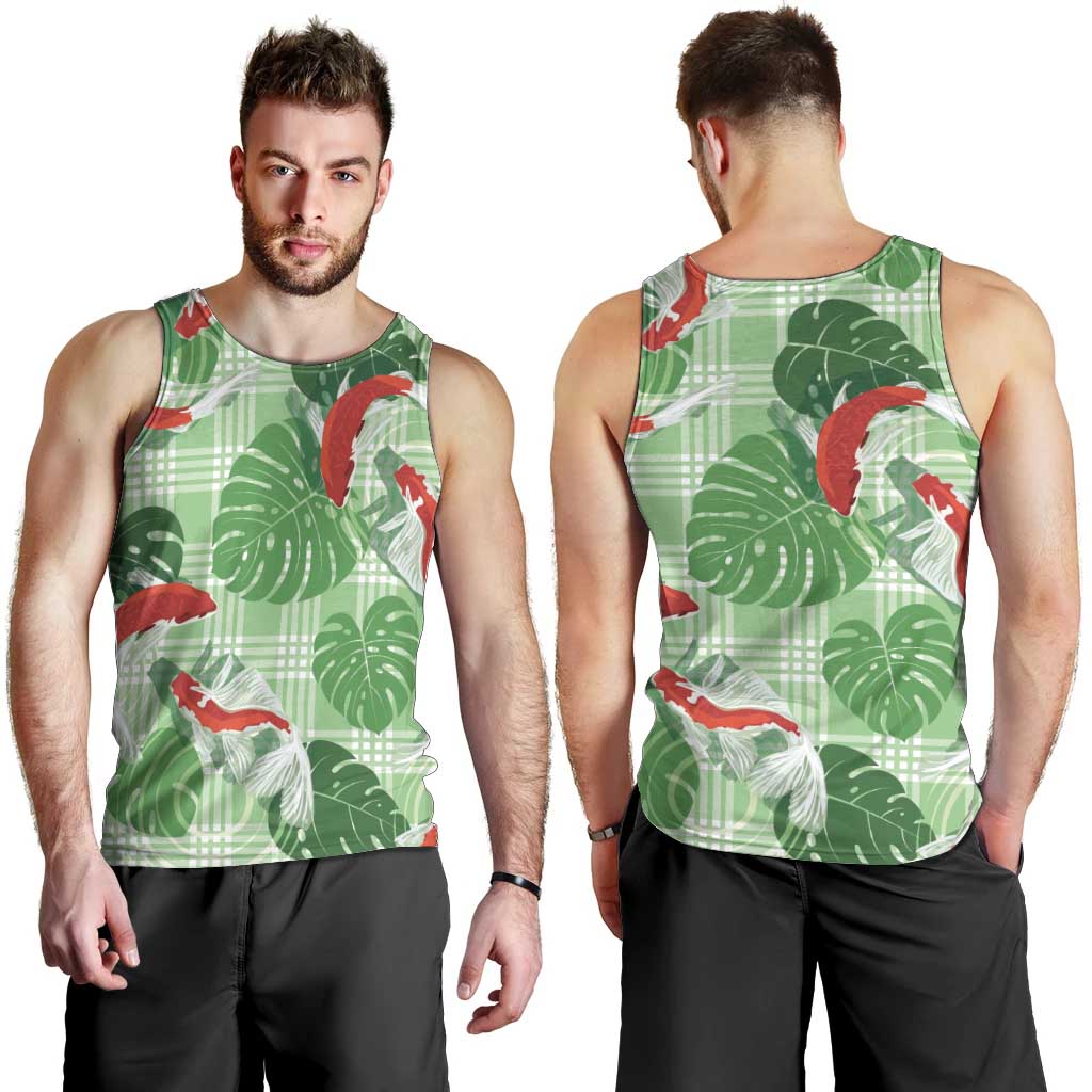 Lime Palaka Hawaii Aloha Men Tank Top Koi Pond Mix Monstera - Polynesian Pride