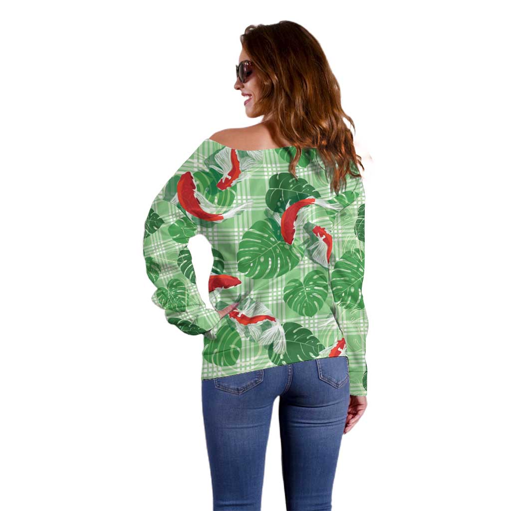 Lime Palaka Hawaii Aloha Off Shoulder Sweater Koi Pond Mix Monstera - Polynesian Pride