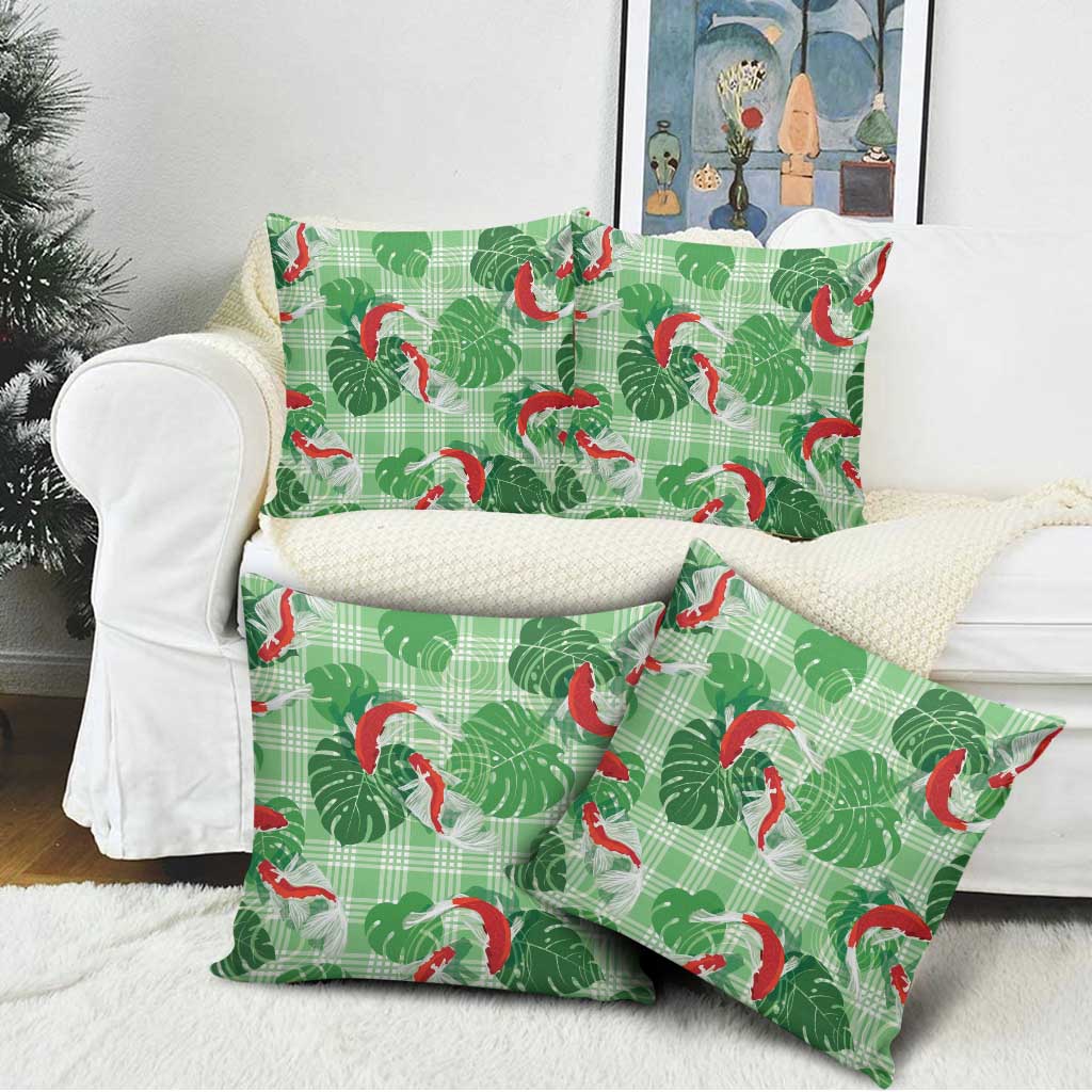 Lime Palaka Hawaii Aloha Pillow Cover Koi Pond Mix Monstera - Polynesian Pride