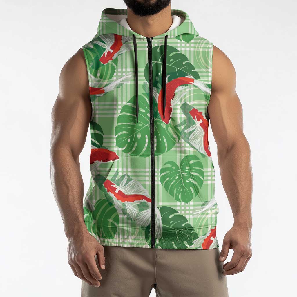 Lime Palaka Hawaii Aloha Sleeveless Zip Hoodie Koi Pond Mix Monstera - Polynesian Pride