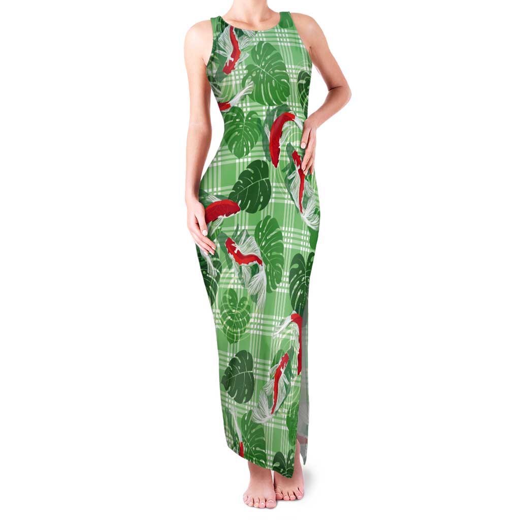 Lime Palaka Hawaii Aloha Tank Maxi Dress Koi Pond Mix Monstera - Polynesian Pride