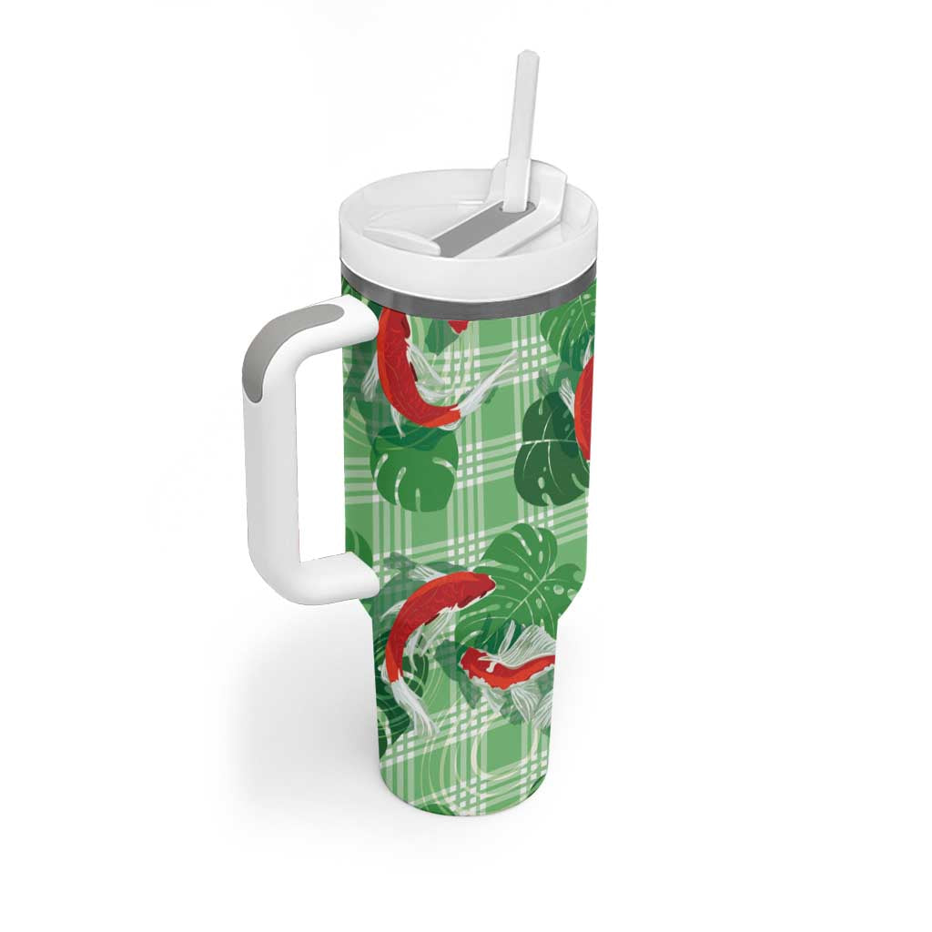 Lime Palaka Hawaii Aloha Tumbler With Handle Koi Pond Mix Monstera - Polynesian Pride