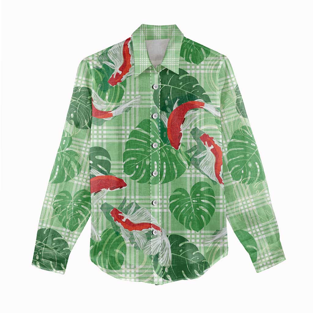 Lime Palaka Hawaii Aloha Women Casual Shirt Koi Pond Mix Monstera LT7 - Polynesian Pride