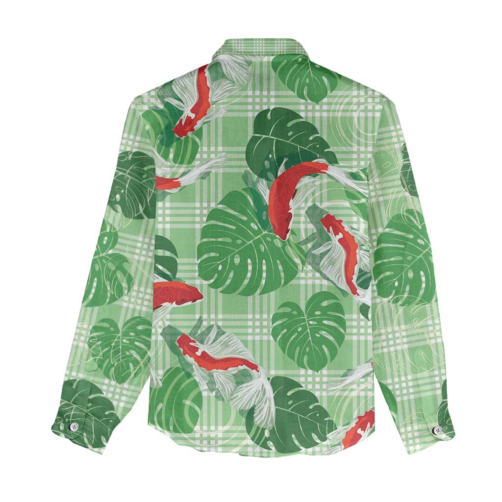 Lime Palaka Hawaii Aloha Women Casual Shirt Koi Pond Mix Monstera LT7 - Polynesian Pride