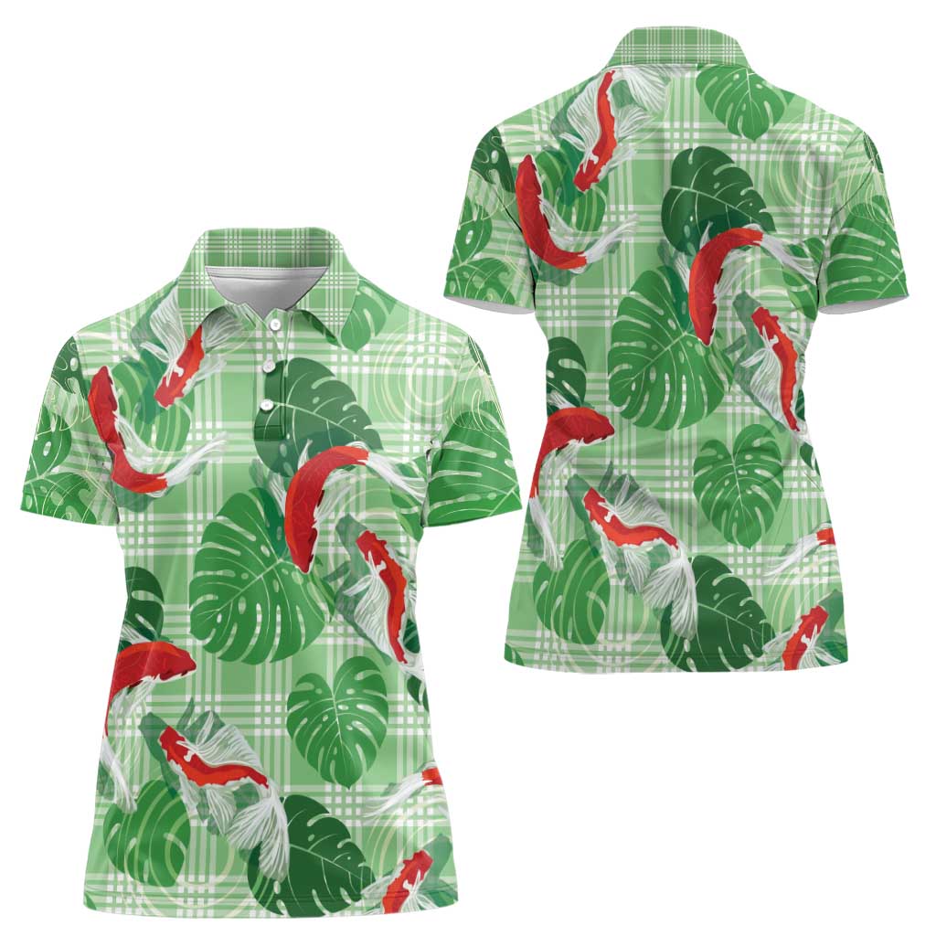 Lime Palaka Hawaii Aloha Women Polo Shirt Koi Pond Mix Monstera - Polynesian Pride