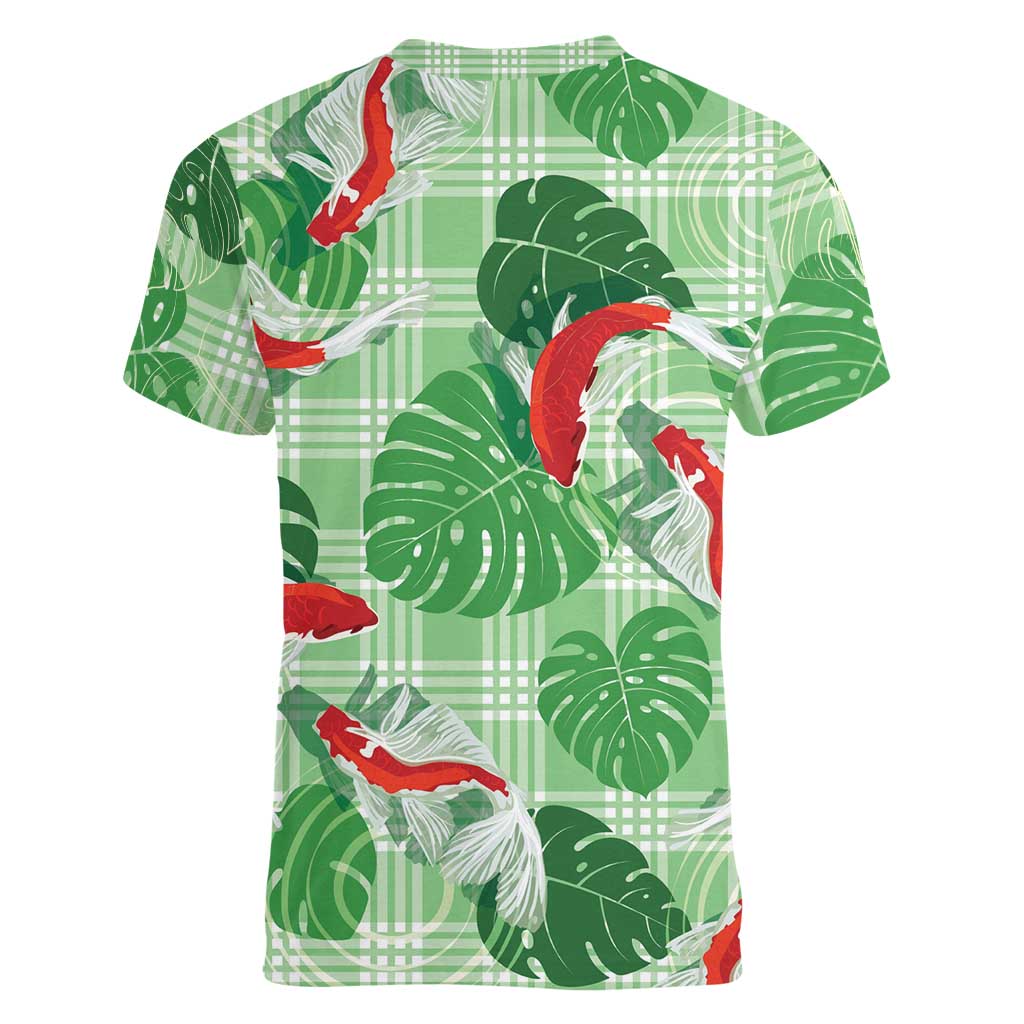 Lime Palaka Hawaii Aloha Women V-Neck T-Shirt Koi Pond Mix Monstera - Polynesian Pride
