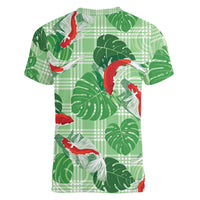 Lime Palaka Hawaii Aloha Women V-Neck T-Shirt Koi Pond Mix Monstera - Polynesian Pride