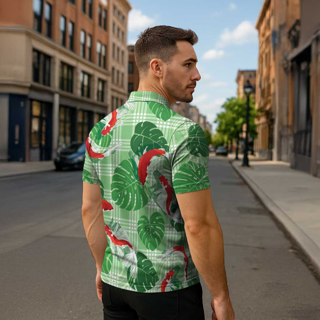 Lime Palaka Hawaii Aloha Zipper Polo Shirt Koi Pond Mix Monstera - Polynesian Pride