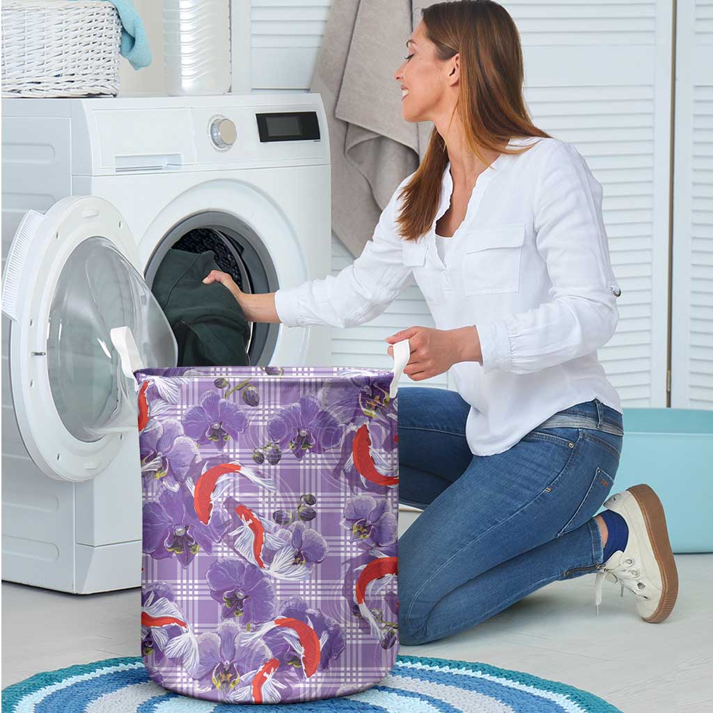 Lavender Palaka Hawaii Aloha Laundry Basket Koi Pond Mix Orchids - Polynesian Pride