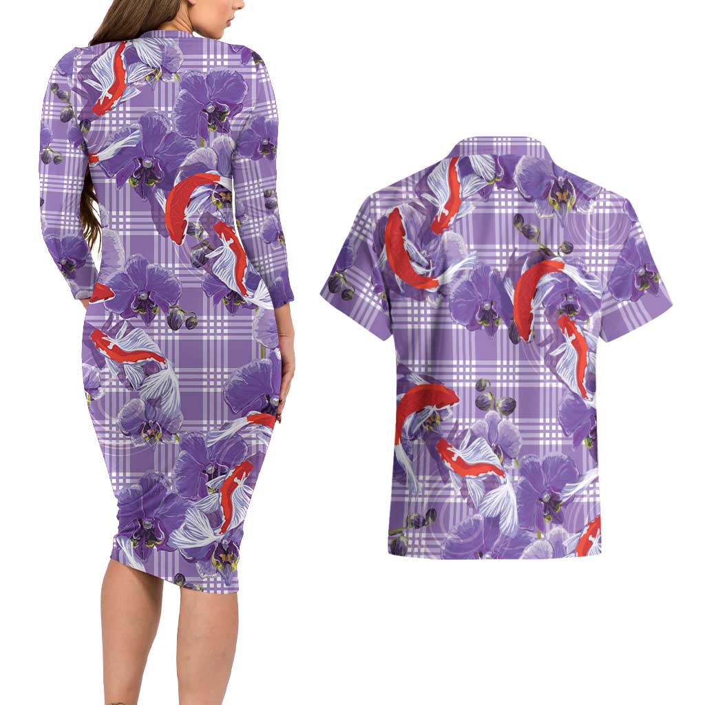 Lavender Palaka Hawaii Aloha Couples Matching Long Sleeve Bodycon Dress and Hawaiian Shirt Koi Pond Mix Orchids - Polynesian Pride