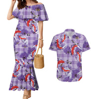 Lavender Palaka Hawaii Aloha Couples Matching Mermaid Dress and Hawaiian Shirt Koi Pond Mix Orchids - Polynesian Pride