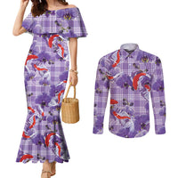 Lavender Palaka Hawaii Aloha Couples Matching Mermaid Dress and Long Sleeve Button Shirt Koi Pond Mix Orchids - Polynesian Pride