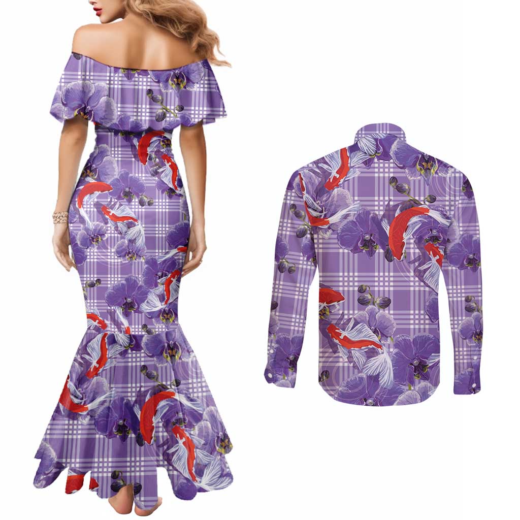 Lavender Palaka Hawaii Aloha Couples Matching Mermaid Dress and Long Sleeve Button Shirt Koi Pond Mix Orchids - Polynesian Pride