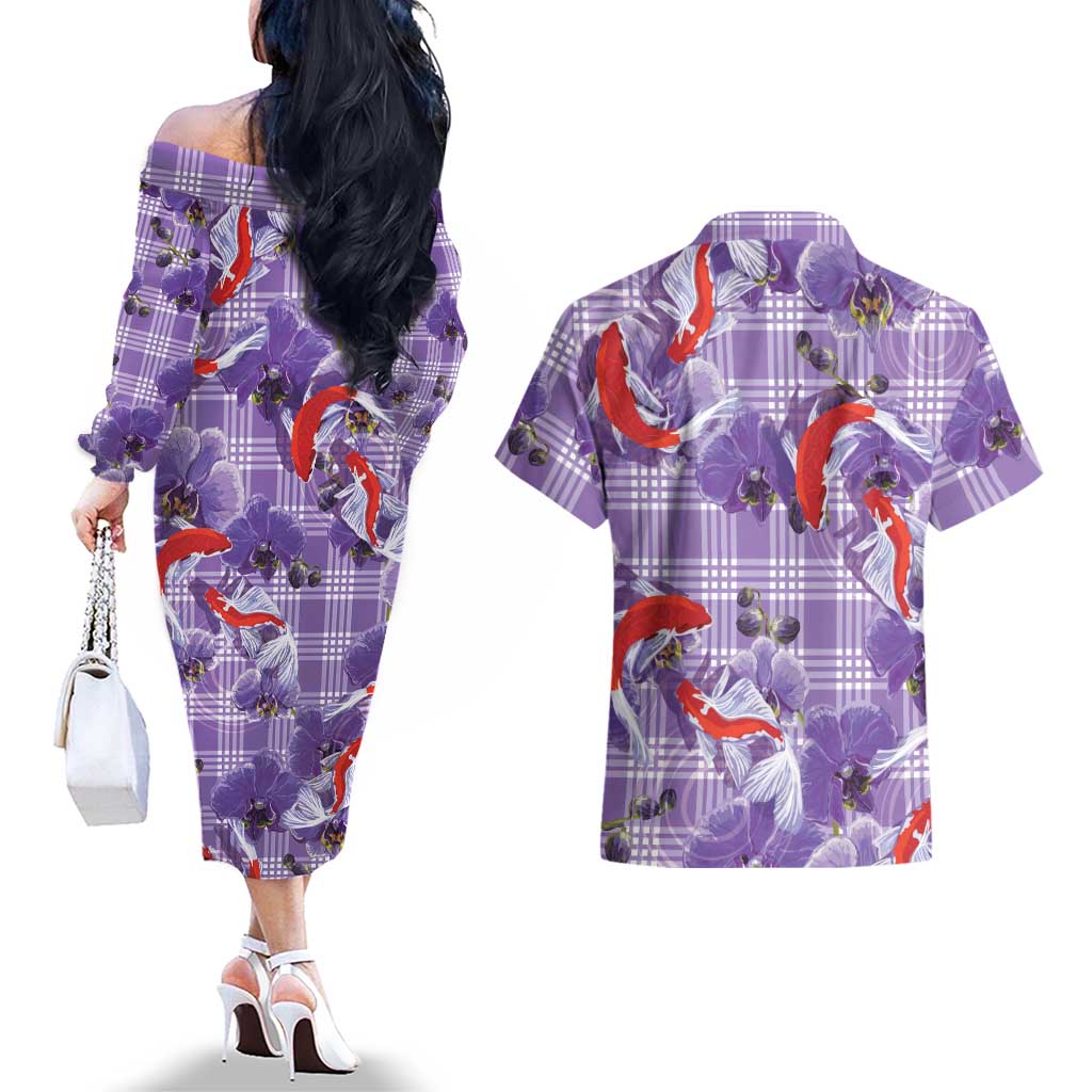 Lavender Palaka Hawaii Aloha Couples Matching Off The Shoulder Long Sleeve Dress and Hawaiian Shirt Koi Pond Mix Orchids - Polynesian Pride