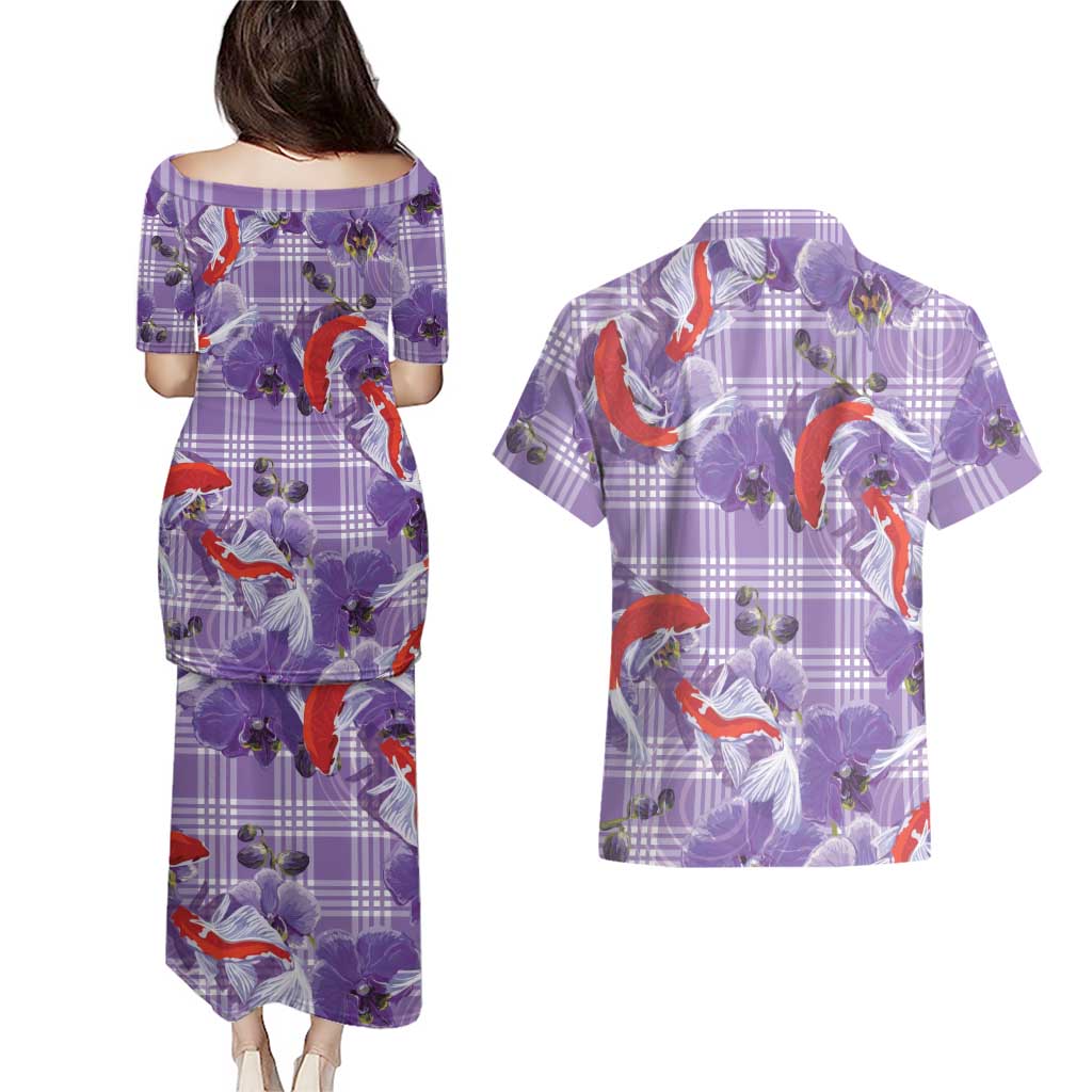 Lavender Palaka Hawaii Aloha Couples Matching Puletasi and Hawaiian Shirt Koi Pond Mix Orchids - Polynesian Pride