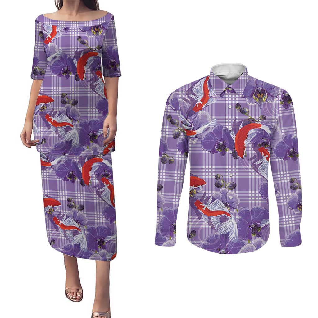 Lavender Palaka Hawaii Aloha Couples Matching Puletasi and Long Sleeve Button Shirt Koi Pond Mix Orchids - Polynesian Pride