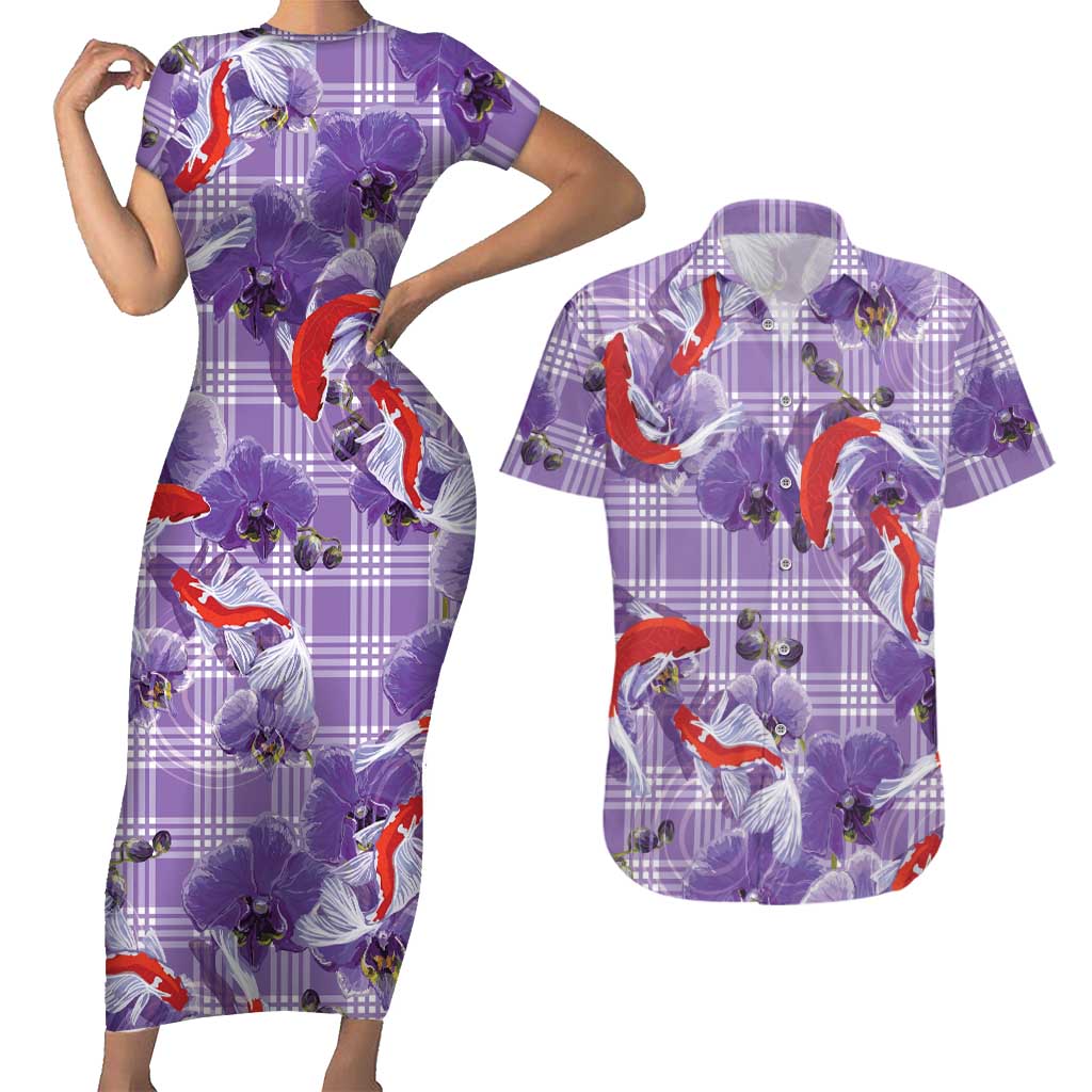 Lavender Palaka Hawaii Aloha Couples Matching Short Sleeve Bodycon Dress and Hawaiian Shirt Koi Pond Mix Orchids - Polynesian Pride