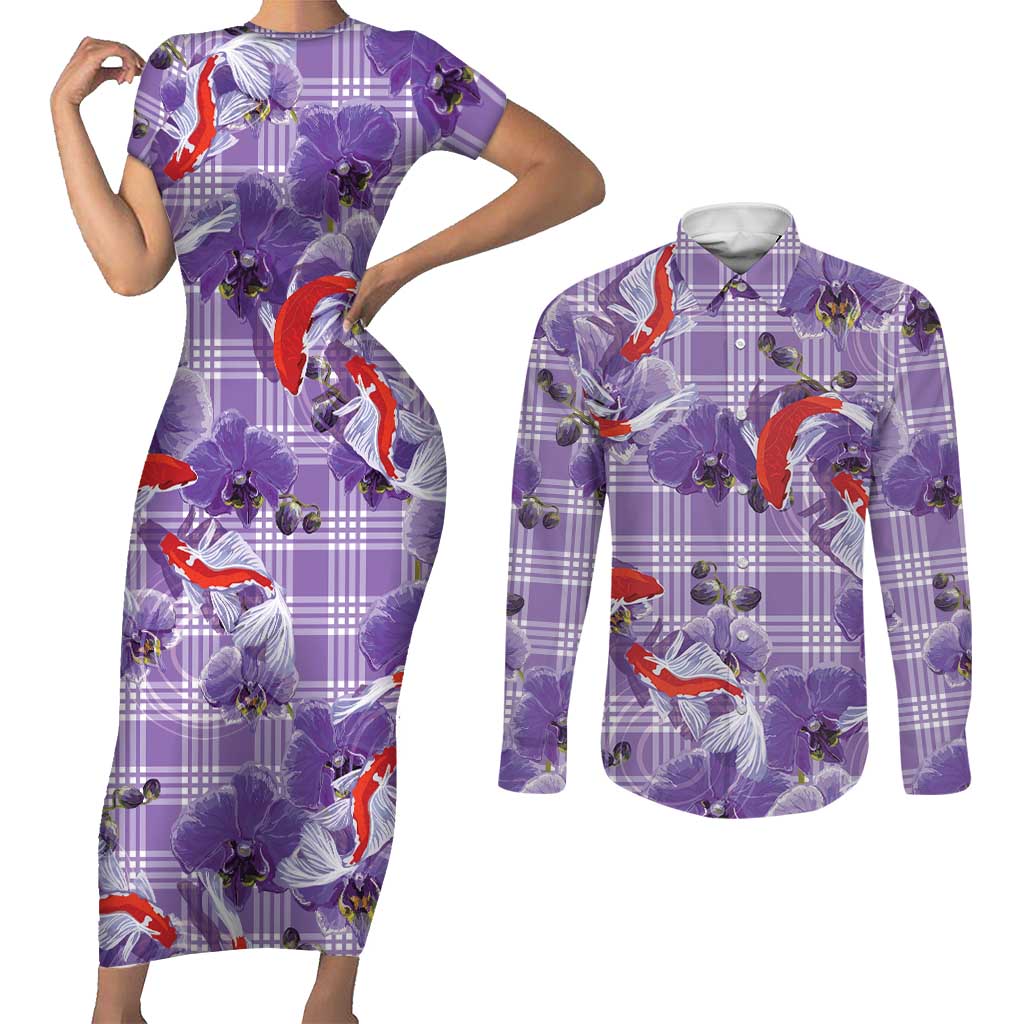 Lavender Palaka Hawaii Aloha Couples Matching Short Sleeve Bodycon Dress and Long Sleeve Button Shirt Koi Pond Mix Orchids - Polynesian Pride