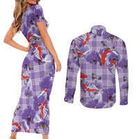Lavender Palaka Hawaii Aloha Couples Matching Short Sleeve Bodycon Dress and Long Sleeve Button Shirt Koi Pond Mix Orchids - Polynesian Pride