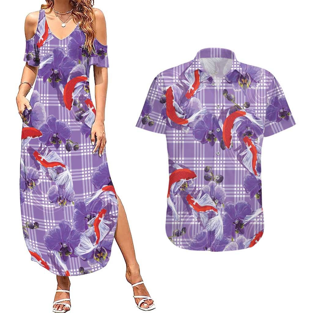 Lavender Palaka Hawaii Aloha Couples Matching Summer Maxi Dress and Hawaiian Shirt Koi Pond Mix Orchids - Polynesian Pride