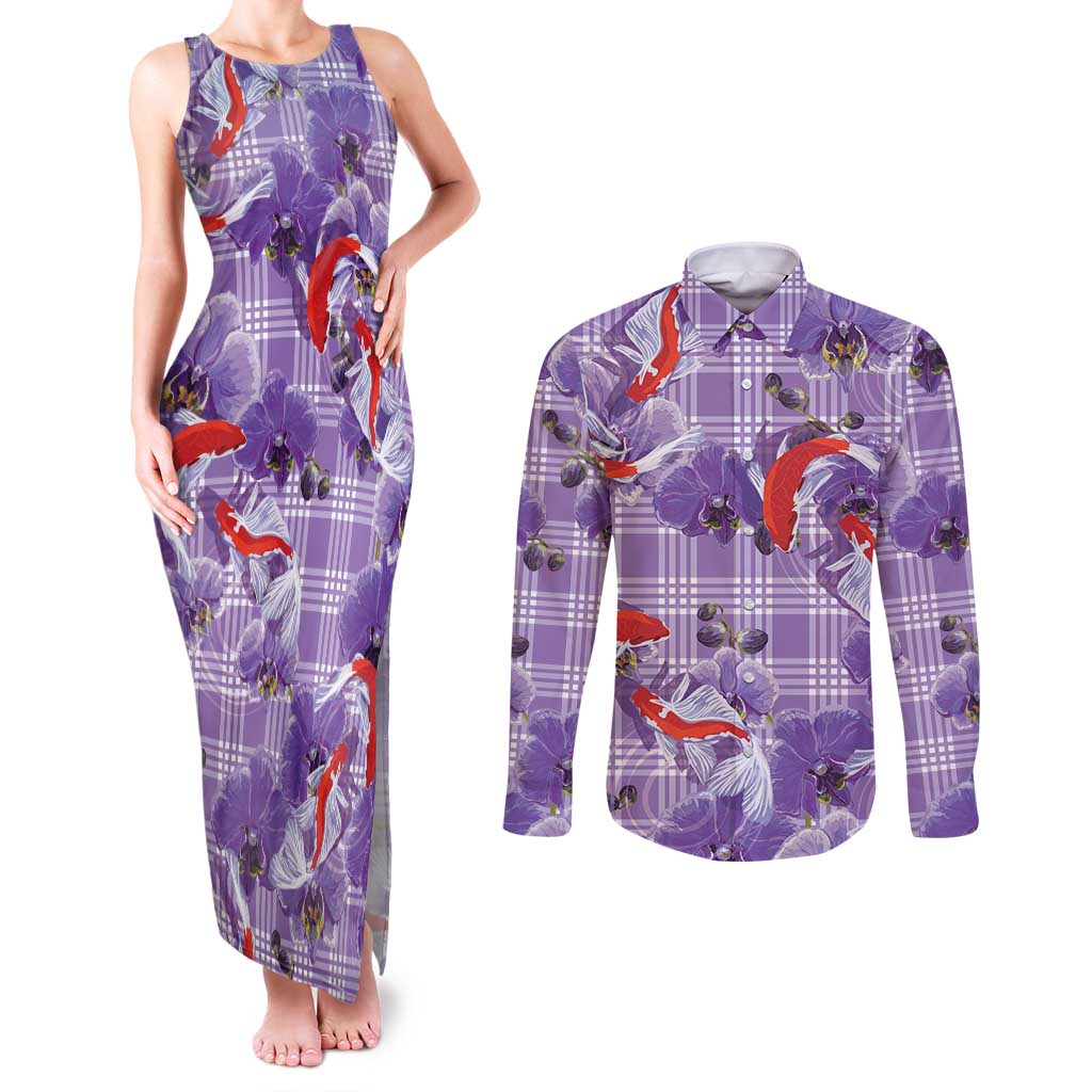 Lavender Palaka Hawaii Aloha Couples Matching Tank Maxi Dress and Long Sleeve Button Shirt Koi Pond Mix Orchids - Polynesian Pride