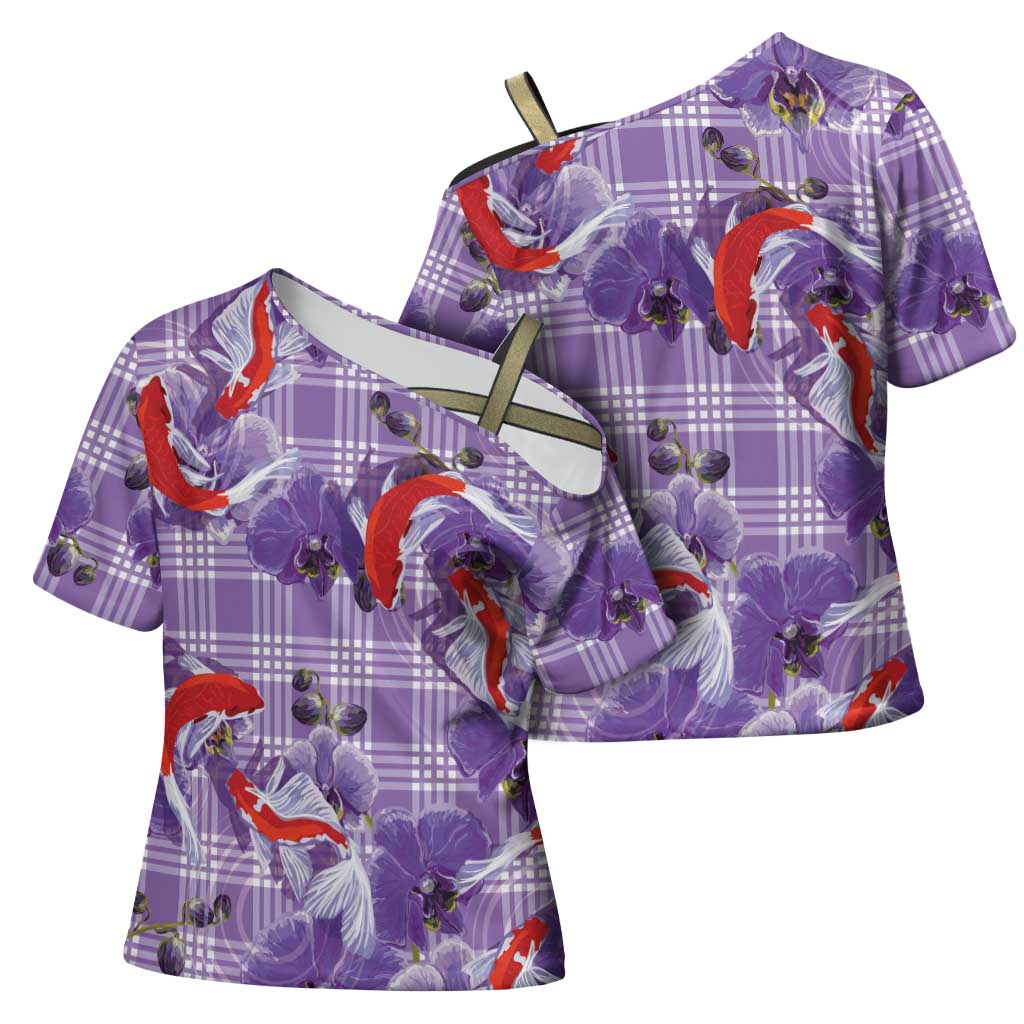 Lavender Palaka Hawaii Aloha Cross Shoulder Shirt Koi Pond Mix Orchids - Polynesian Pride