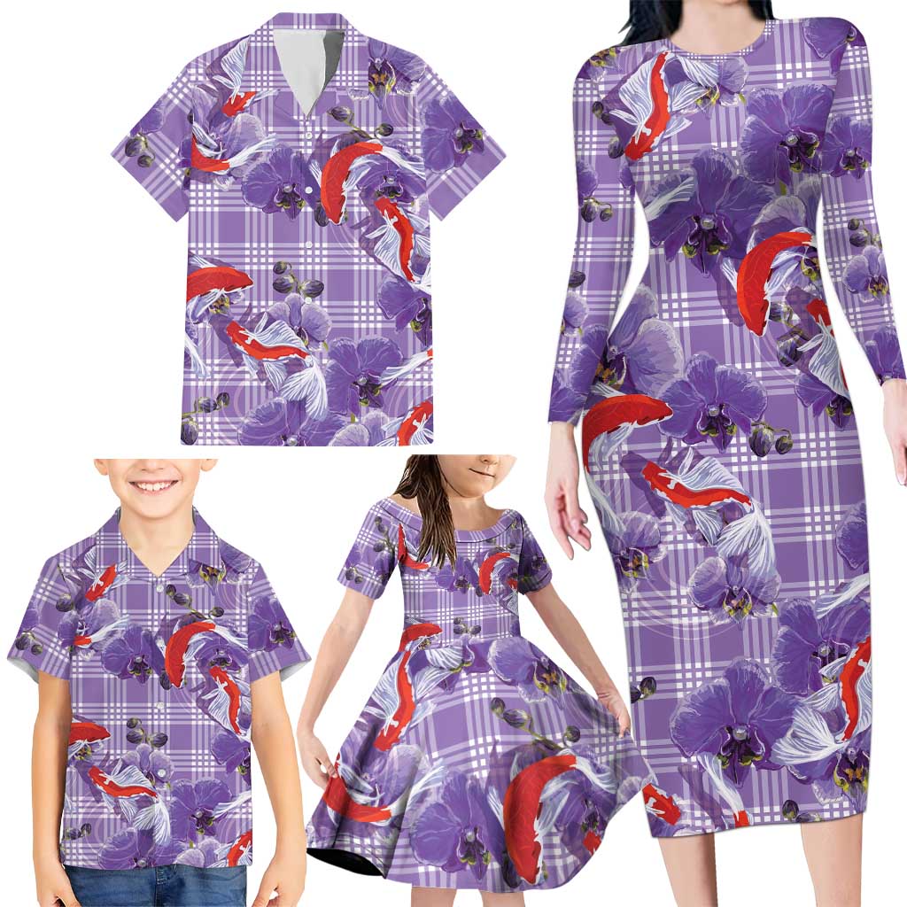Lavender Palaka Hawaii Aloha Family Matching Long Sleeve Bodycon Dress and Hawaiian Shirt Koi Pond Mix Orchids LT7 - Polynesian Pride