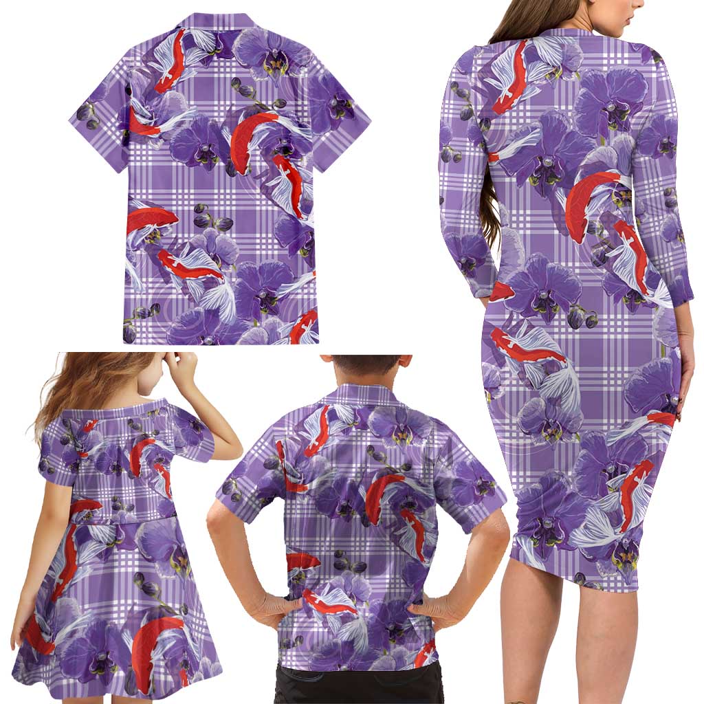 Lavender Palaka Hawaii Aloha Family Matching Long Sleeve Bodycon Dress and Hawaiian Shirt Koi Pond Mix Orchids LT7 - Polynesian Pride