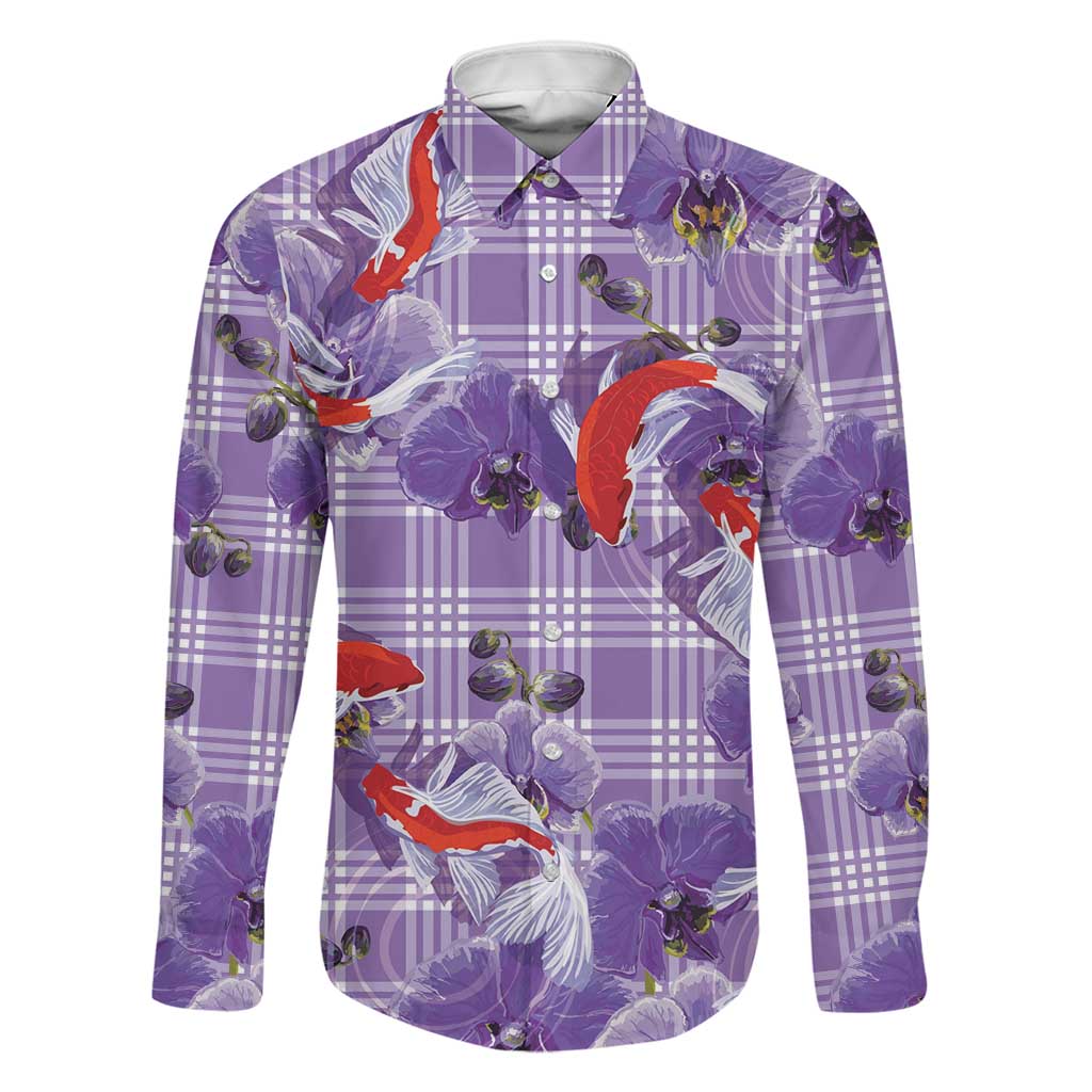 Lavender Palaka Hawaii Aloha Family Matching Mermaid Dress and Hawaiian Shirt Koi Pond Mix Orchids LT7 Dad's Shirt - Long Sleeve Purple - Polynesian Pride