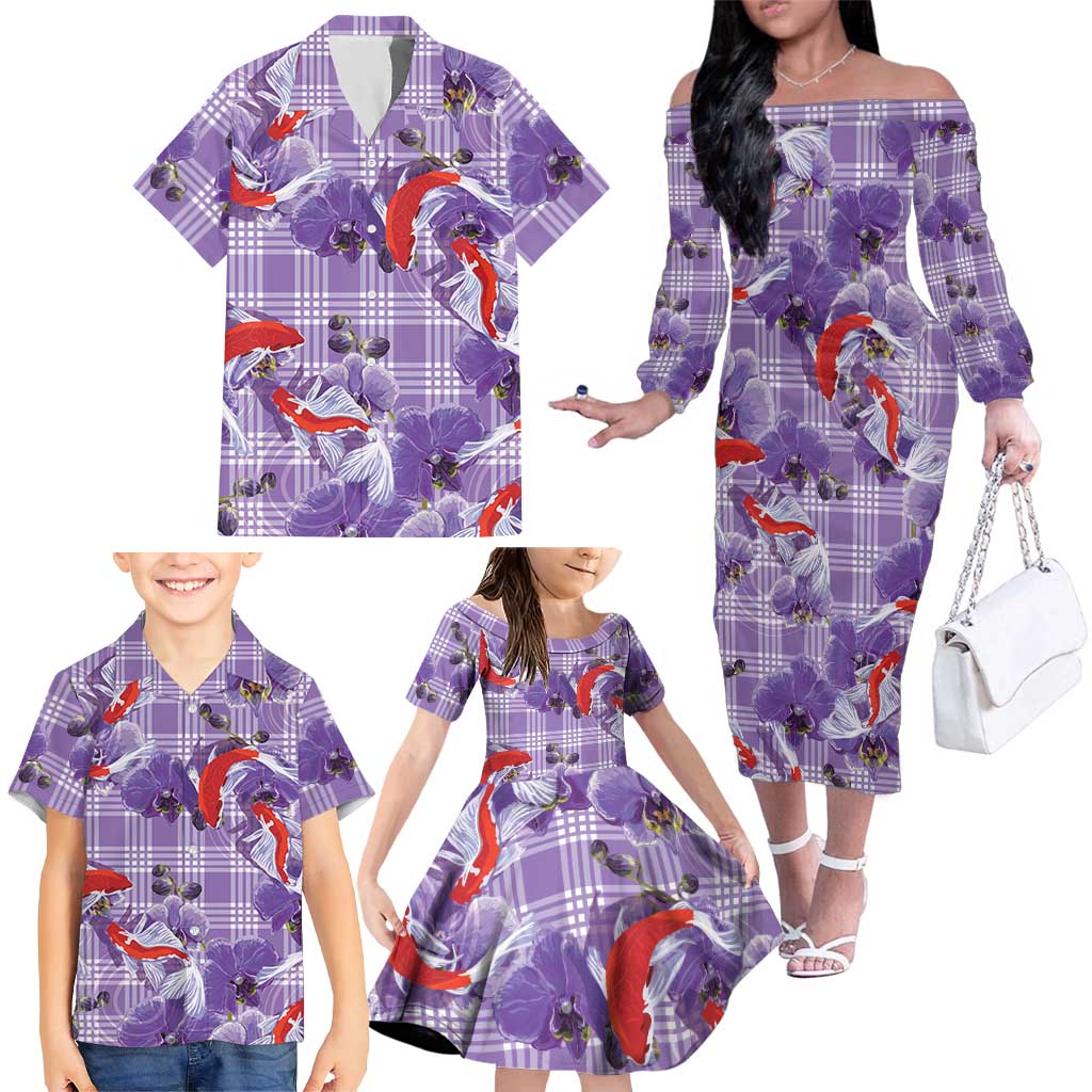 Lavender Palaka Hawaii Aloha Family Matching Off The Shoulder Long Sleeve Dress and Hawaiian Shirt Koi Pond Mix Orchids LT7 - Polynesian Pride