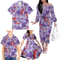 Lavender Palaka Hawaii Aloha Family Matching Off The Shoulder Long Sleeve Dress and Hawaiian Shirt Koi Pond Mix Orchids LT7 - Polynesian Pride