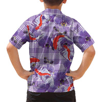 Lavender Palaka Hawaii Aloha Family Matching Off Shoulder Maxi Dress and Hawaiian Shirt Koi Pond Mix Orchids LT7 - Polynesian Pride