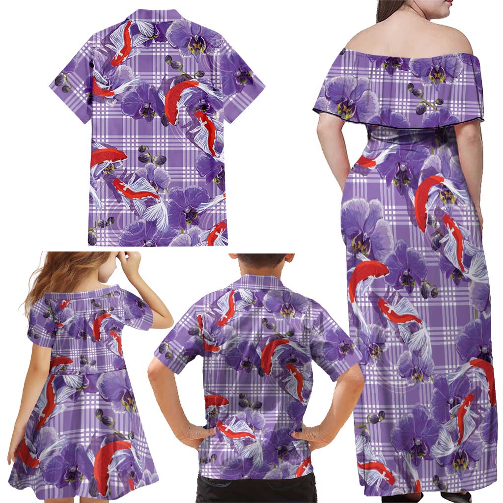 Lavender Palaka Hawaii Aloha Family Matching Off Shoulder Maxi Dress and Hawaiian Shirt Koi Pond Mix Orchids LT7 - Polynesian Pride
